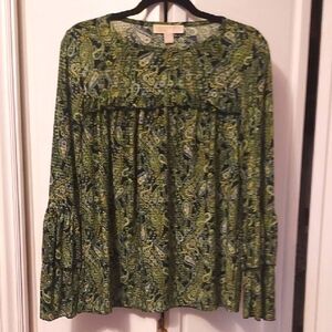 Michael Kors Paisley Top Blouse Navy And Green Ruffled Tiered Sleeve